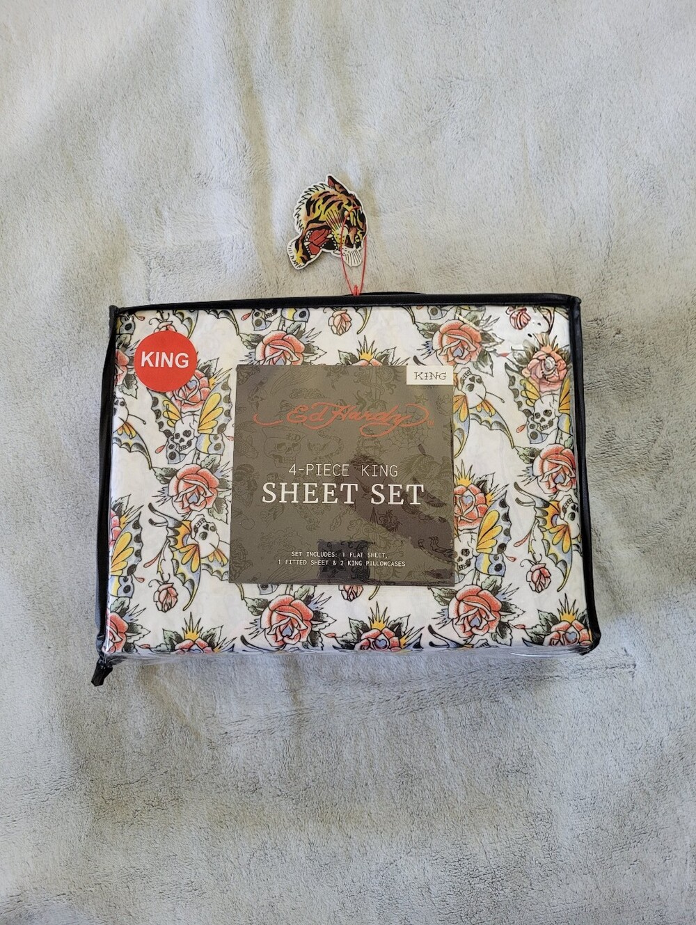 Ed Hardy King Size Bedsheet Set Roses Skulls Butterfly Tattoo Y2K Deep Pocket